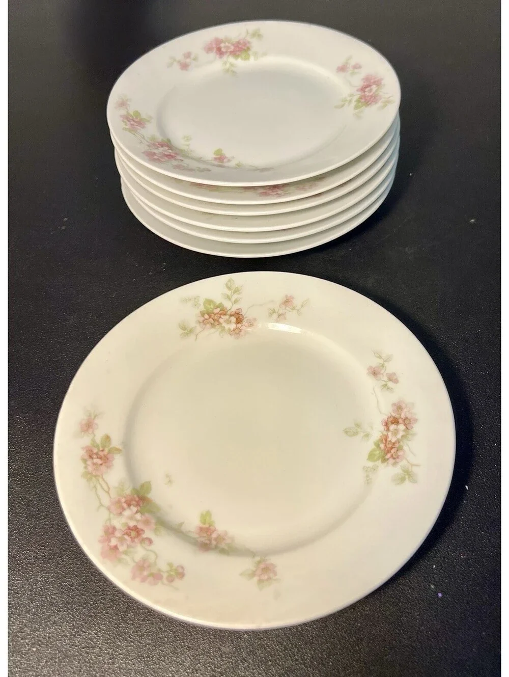 O&EG Royal Austria 1900s Pink Floral Porcelain Set Of 7 Bread Butter Plates 6.5”